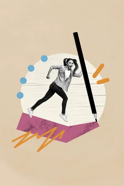 Vertikal Kreativ Collage Ung Kvinna Kör Mot Mål Håll Penna — Stockfoto