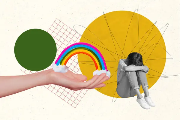 Kreative Collage Poster Junge Depressive Mädchen Sitzen Weinen Verzweiflung Angst — Stockfoto