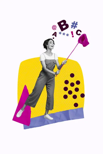 Kreative Vertikale Collage Poster Junge Hübsche Mädchen Glücklich Fröhlich Aufgeregt — Stockfoto