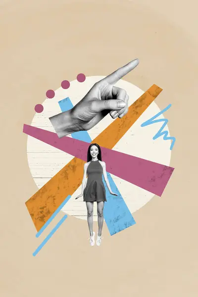 Verticale Poster Collage Jong Vrolijk Mooi Meisje Levitate Klaar Bereik — Stockfoto
