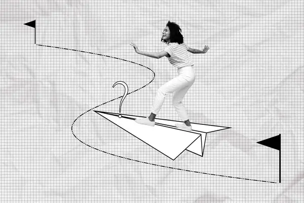 创意拼图照片年轻女孩飞纸飞机冲浪者摆好姿势出发终点标志路线目的地实现目标检查背景 — 图库照片