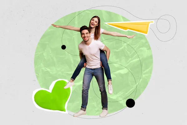Composite Collage Image Funny Young Couple Carry Paper Plane Stretch — Stock Photo, Image