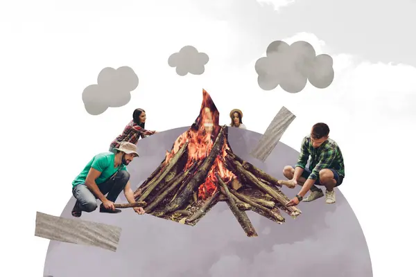 Creative retro 3d magazine collage image of buddies company making fire preparing bbq isolated grey color background.
