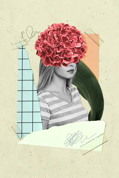 Vertikal Kreatives Bild Stehend Junges Mädchen Halb Kopf Blume Verstecken — Stockfoto