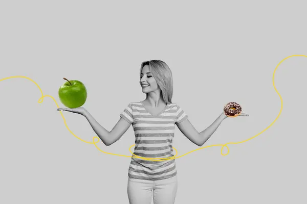 女孩笑的富有创意的抽象拼贴选择苹果甜甜圈健康的垃圾食品糖类纤维在油漆背景下被分离出来 — 图库照片