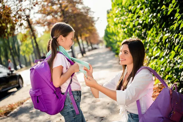 Photo Positive Lovely Girl Tie Younger Sister Scarf Carry School — Stock Photo, Image
