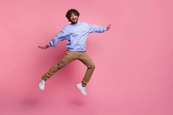 Photo Positive Optimistic Man Wear Stylish Clothes Fly Air Rejoice — Stock Photo, Image