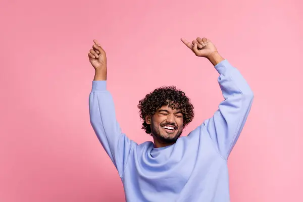Photo Positive Cheerful Man Wear Blue Clothes Dance Have Fun — Stock Photo, Image