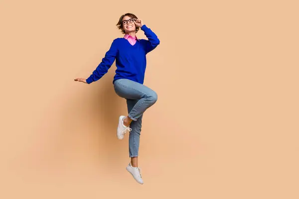 Full Size Photo Lovely Carefree Girl Jump Touch Eyeglasses Look — Stock Photo, Image