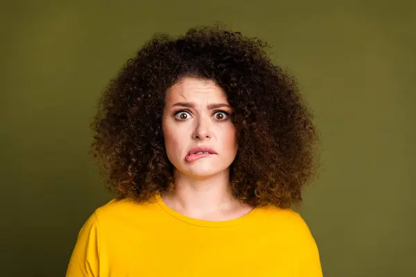 Close Photo Staring Young Woman Yellow Shirt Biting Lips Afraid — Stock Photo, Image