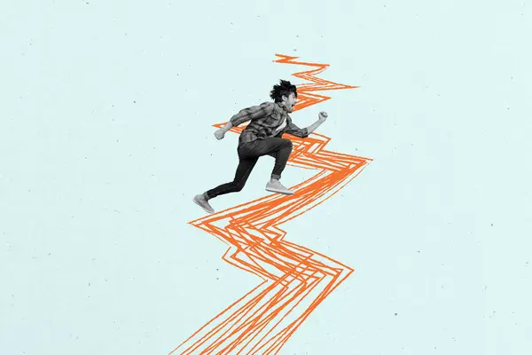 Kreativ Collage Bild Ung Man Löpare Uthållighet Ritning Väg Uppnå — Stockfoto
