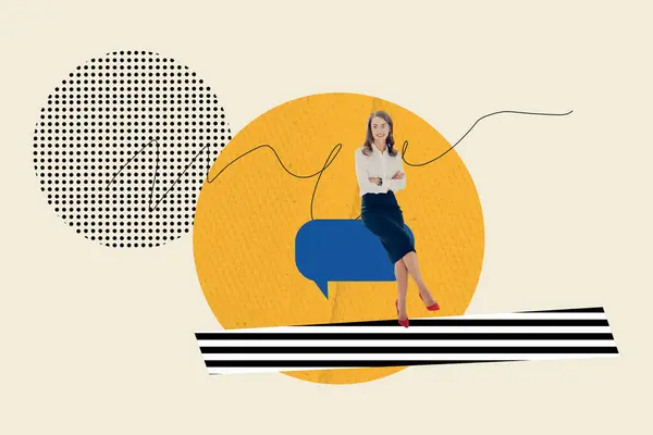 Kreatywny Kolaż Obrazu Stojący Młody Atrakcyjny Bizneswoman Textbox Dialog Język — Zdjęcie stockowe