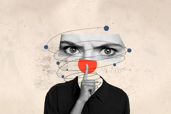 Composite Photo Collage Young Girl Head Caricature Wirujące Oczy Zmarszczki — Zdjęcie stockowe