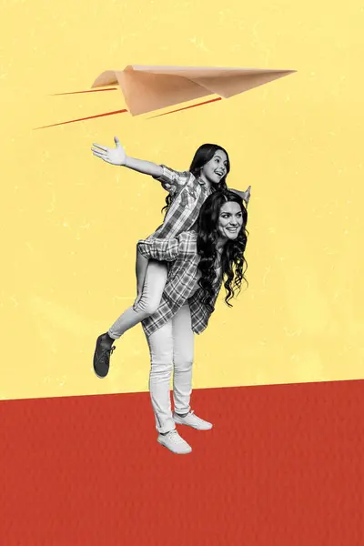 Composite Collage Image Mom Piggyback Daughter Spread Hands Plane Play — Stock Photo, Image