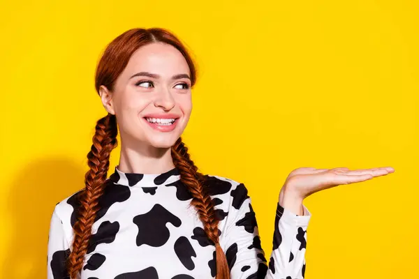 Photo Cheerful Dreamy Woman Wear Cow Skin Top Looking Holding — Stock Photo, Image