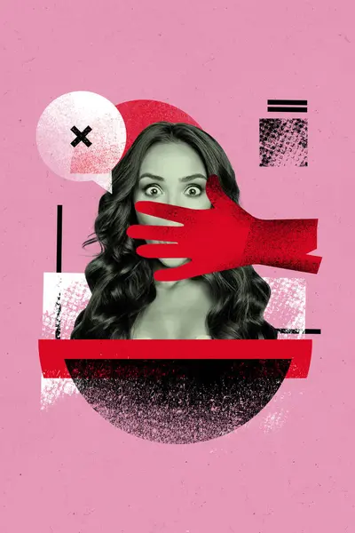 Kolaż Obraz Obraz Piękny Kobieta Pokryte Twarz Usta Ramię Zamknij — Zdjęcie stockowe