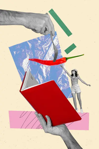 Collage Imagen Niña Divertida Tomando Chile Rojo Lectura Libro Café —  Fotos de Stock