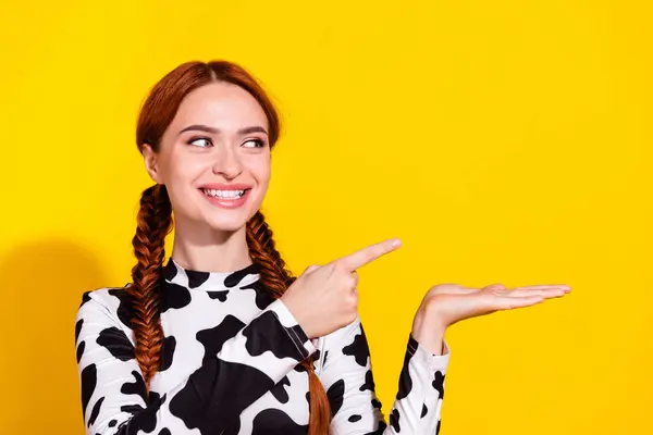 Photo Funky Cheerful Woman Wear Cow Skin Top Looking Holding — Stock Photo, Image