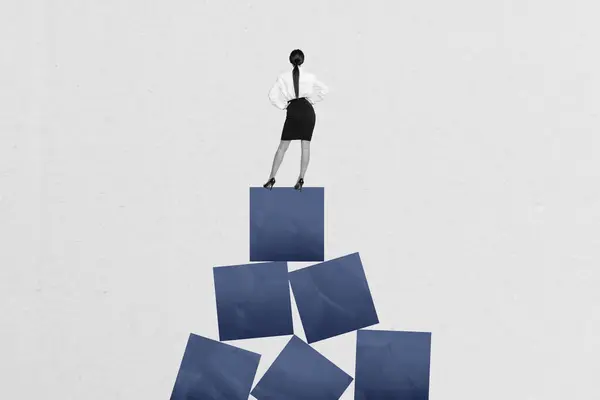 Kreative Foto Collage Stehend Junge Geschäftsfrau Top Geometrische Figuren Motivation — Stockfoto