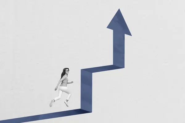 Photo Collage Artwork Minimal Picture Purposeful Lady Running Achieving Success — Stock Photo, Image