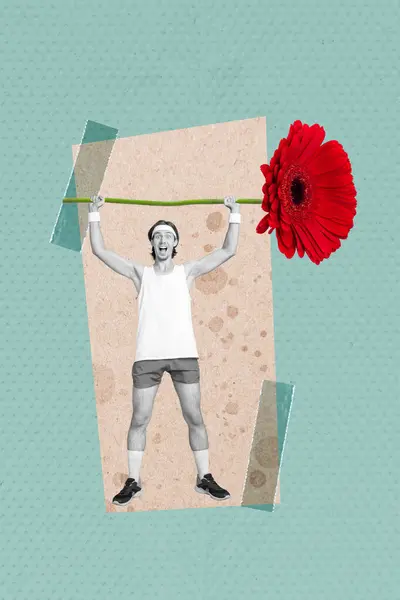 Vertikalt Kreativt Collage Ung Man Lyfta Blomma Blomma Vacker Växt — Stockfoto