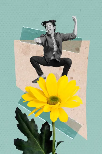 排他的な雑誌の絵のスケッチのコラージュのイメージ黄色い花の隔離された茶色の背景に乗っているファンキーな男 — ストック写真