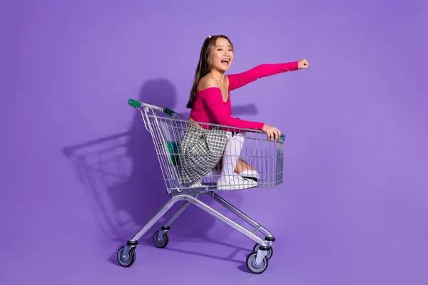 Full Length Photo Adorable Funky Lady Dressed Pink Top Riding — Stock Photo, Image
