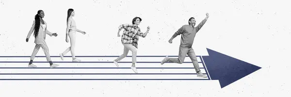 Panorama Kreative Collage Läuft Zwei Mann Frau Fuß Mädchen Marathonstrecke — Stockfoto