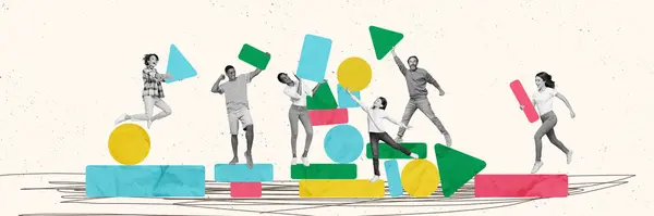 Panorama Kreative Collage Team Kooperationskonzept Junge Leute Mitarbeiter Kollegen Erreichen — Stockfoto