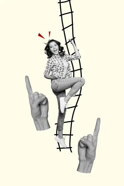 年轻漂亮姑娘攀爬绳梯职业成功的纵向3D照片拼贴手举手投足隔绝在油漆背景图上 — 图库照片