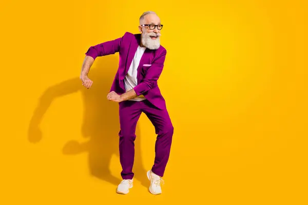 Full Body Photo Cheerful Dreamy Happy Old Man Dance Look — Stock Photo, Image