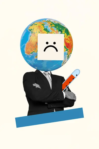 漫画コラージュイラスト 温度計 病気の惑星地球の生態学 ベージュの背景で隔離された気候変動の暖房の地球温暖化 — ストック写真