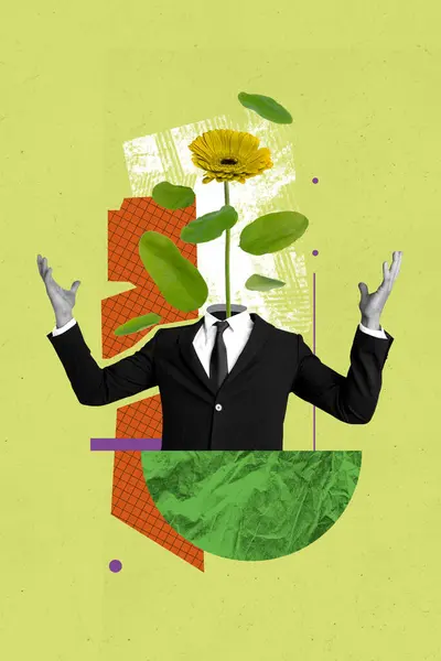 Vertical Photo Collage Headless Man Plant Gerbera Flower Spring Fantasy — Stock Photo, Image
