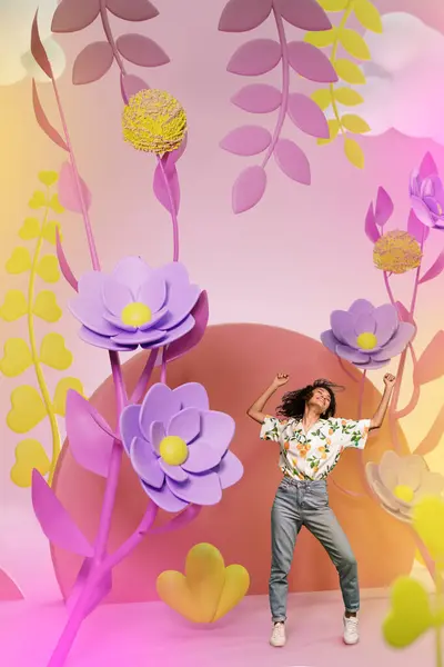年轻快乐的美国女孩的垂直照片拼贴舞动着的微笑 花朵绽放着春天的装饰 在画的背景上与世隔绝 — 图库照片