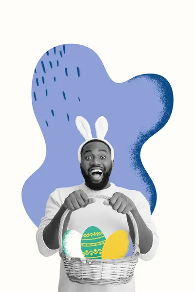 兴奋男人拿着鸡蛋篮的创意抽象模板拼贴庆祝东方邀请函明信片离奇异想天开的广告牌 — 图库照片