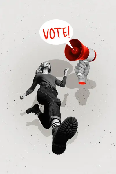Vertical Foto Collage Imagen Joven Corriendo Chica Mostrando Activismo Voto — Foto de Stock