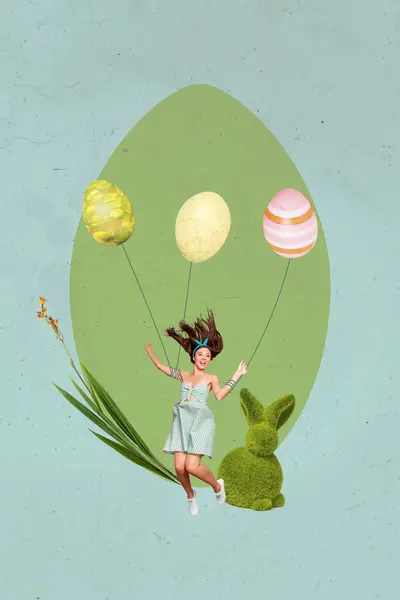 Composite Collage Image Funny Young Girl Flying Eggs Air Balloons — Stock Photo, Image