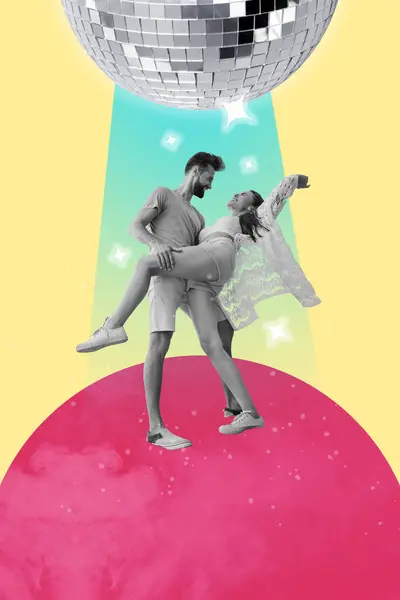 3Dレトロ抽象的な創造的なアートワークテンプレート 幸せな魅力的なカップルのダンスのコラージュ一緒に孤立した絵画の背景 — ストック写真