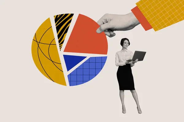 Collage Young Businesswoman Economist Analyzing Piechart Control Investment Portfolio Manage — Stock Photo, Image