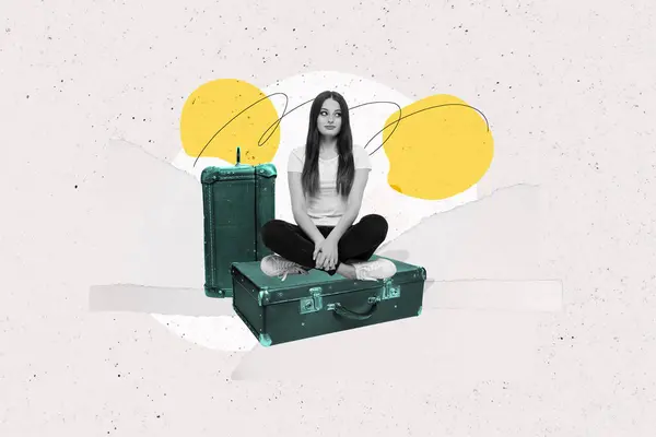 Collage Εικόνα Του Χαριτωμένο Μυαλό Γυναίκα Κάθεται Αεροδρόμιο Περιμένει Την — Φωτογραφία Αρχείου