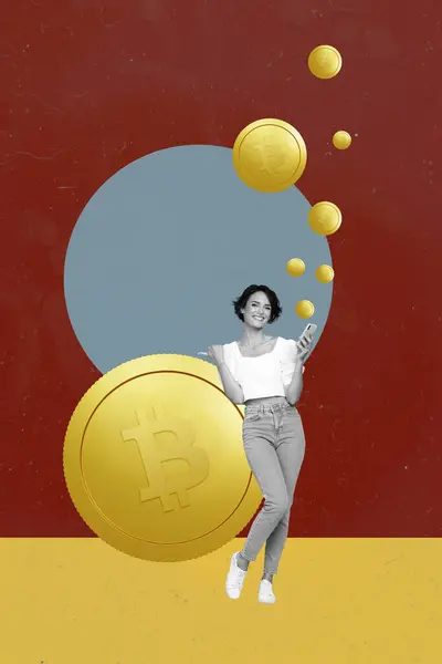Creatieve Collage Beeld Van Zakenvrouw Werkpunt Gouden Bitcoin Munten Crypto — Stockfoto