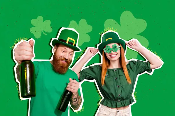 Collage Young Two Green Leprechaun Theme Party Outfits Cylinder Hats — Stock Photo, Image