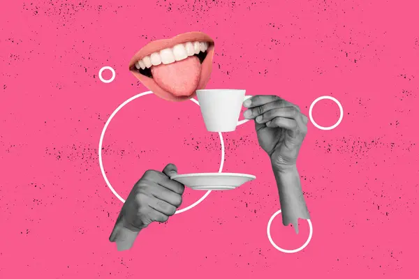 Composite 3d photo artwork graphics collage of mouth smile tongue teeth drink coffee tea hot pause break coffee shop cup saucer isolated on painted background.