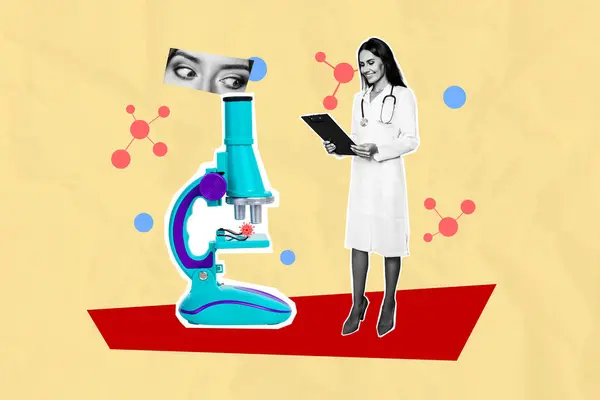 Kadın Doktor Mikroskop Bilimi Hastalığının Kolaj Boyutlu Resim Çizimi Sağlıklı — Stok fotoğraf