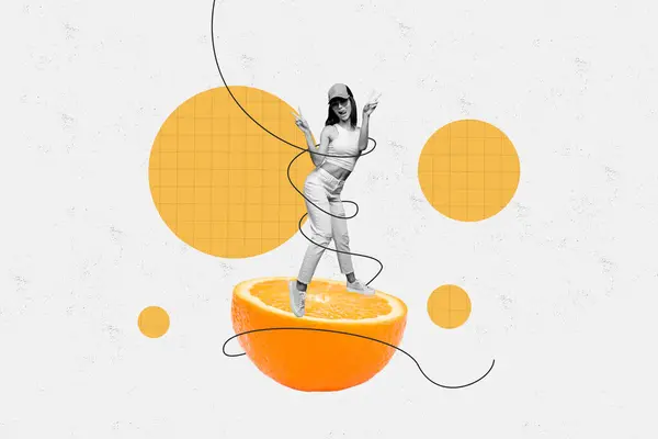 Collage Abstrait Créatif Jeune Femme Mince Active Posant Orange Fruit — Photo