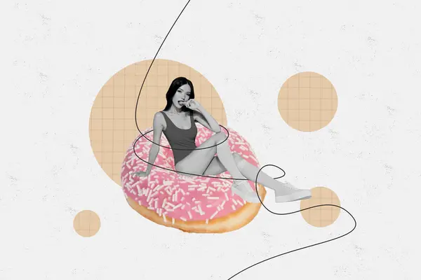 Colagem Abstrata Criativa Sexy Girl Swimsuit Sit Donut Polvilha Calorias — Fotografia de Stock