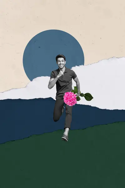 若い笑顔の男ランニングの垂直画像コラージュ 急いでハイドレンジアフラワーピンク春の挨拶 塗装された背景で隔離された休日 — ストック写真