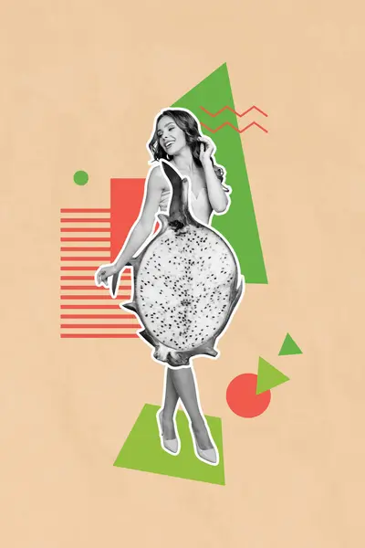 Foto Collage Vertikales Bild Stehend Junge Schöne Dame Exotische Früchte — Stockfoto