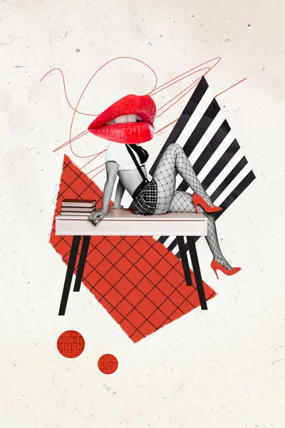 Collage Illustration Image Jeune Fille Chaude Attrayante Assise Sur Table — Photo