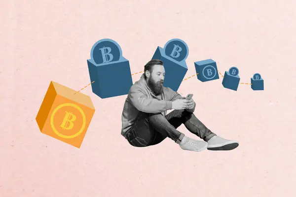 Yaratıcı Kolaj Resmi Oturan Başarılı Bitcoin Tüccarı Kripto Para Birimi — Stok fotoğraf